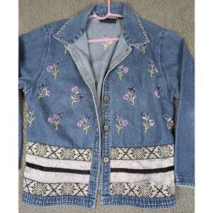 Casual Designs Button Up Blue Jean Jacket Floral Embroidery Women's Size Medium